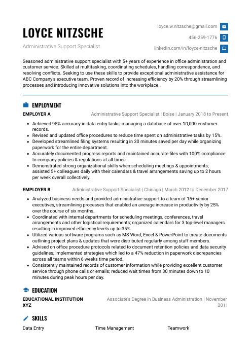 administrative support specialist resume