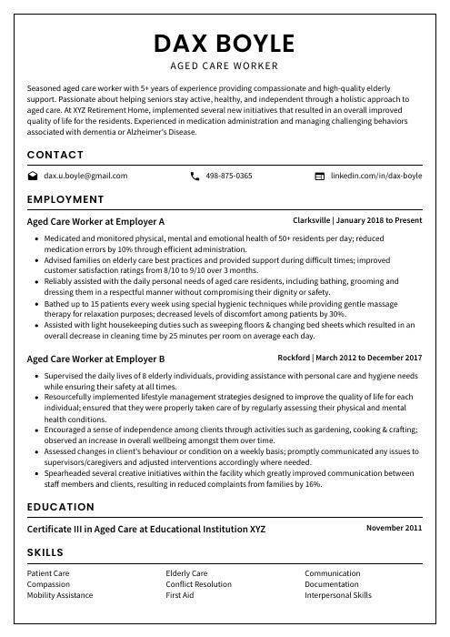 resume for aged care worker