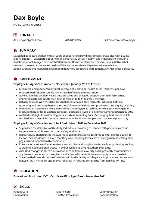 resume for aged care worker