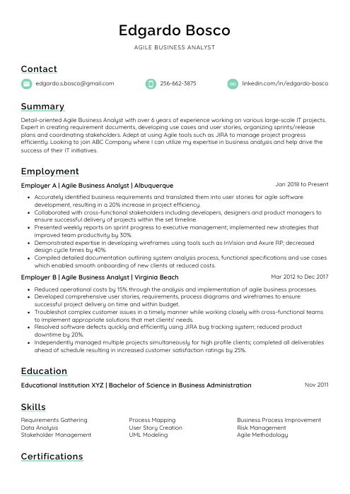 sample resume for agile business analyst