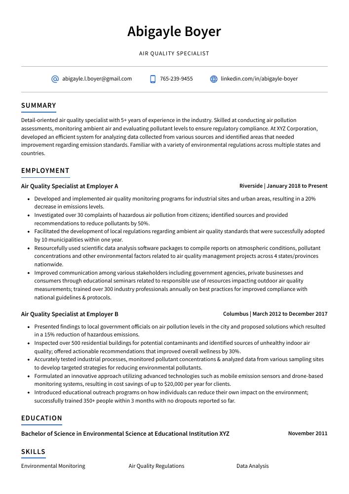Air Quality Specialist Resume