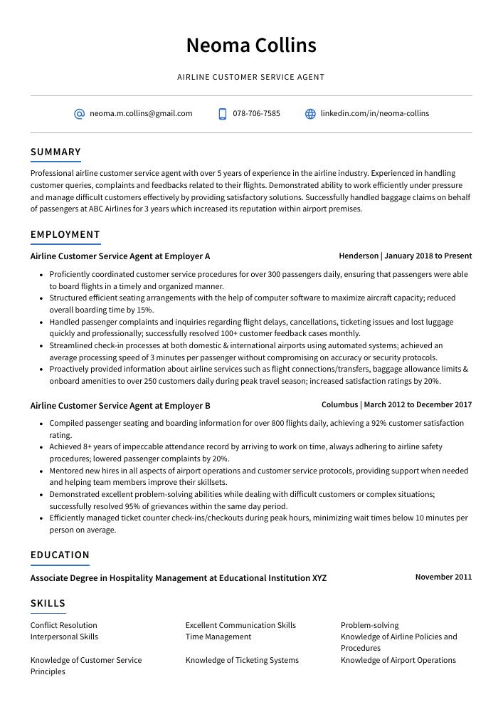 airport customer service agent resume no experience
