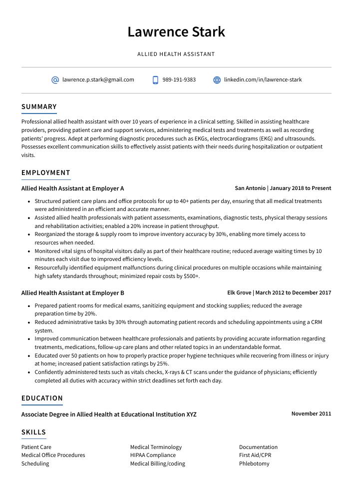 Allied Health Assistant Resume