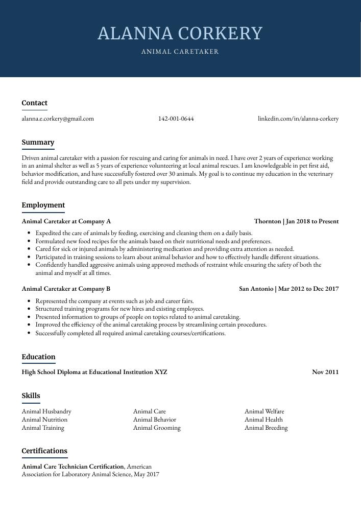 animal caretaker resume cover letter