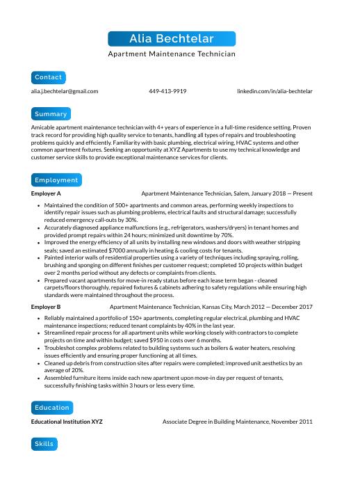 resume for apartment maintenance technician