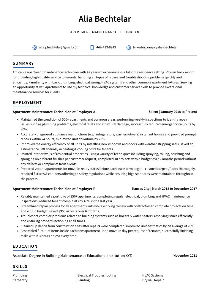 Apartment Maintenance Technician Resume