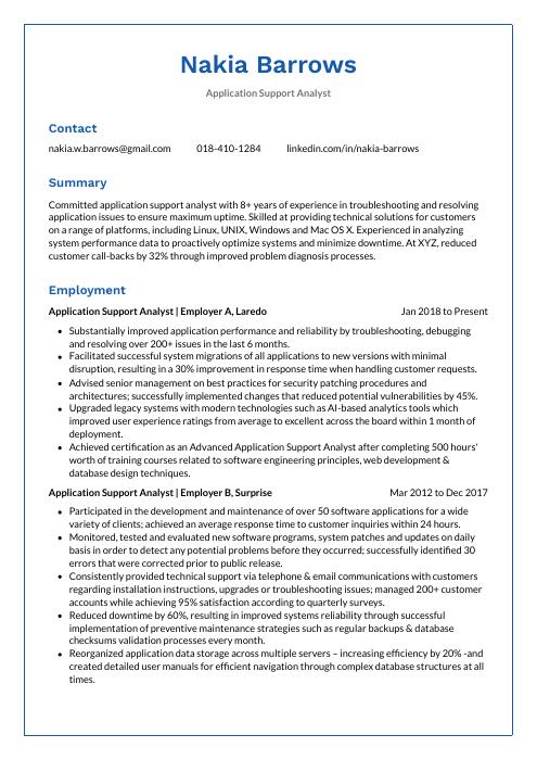resume of application support analyst