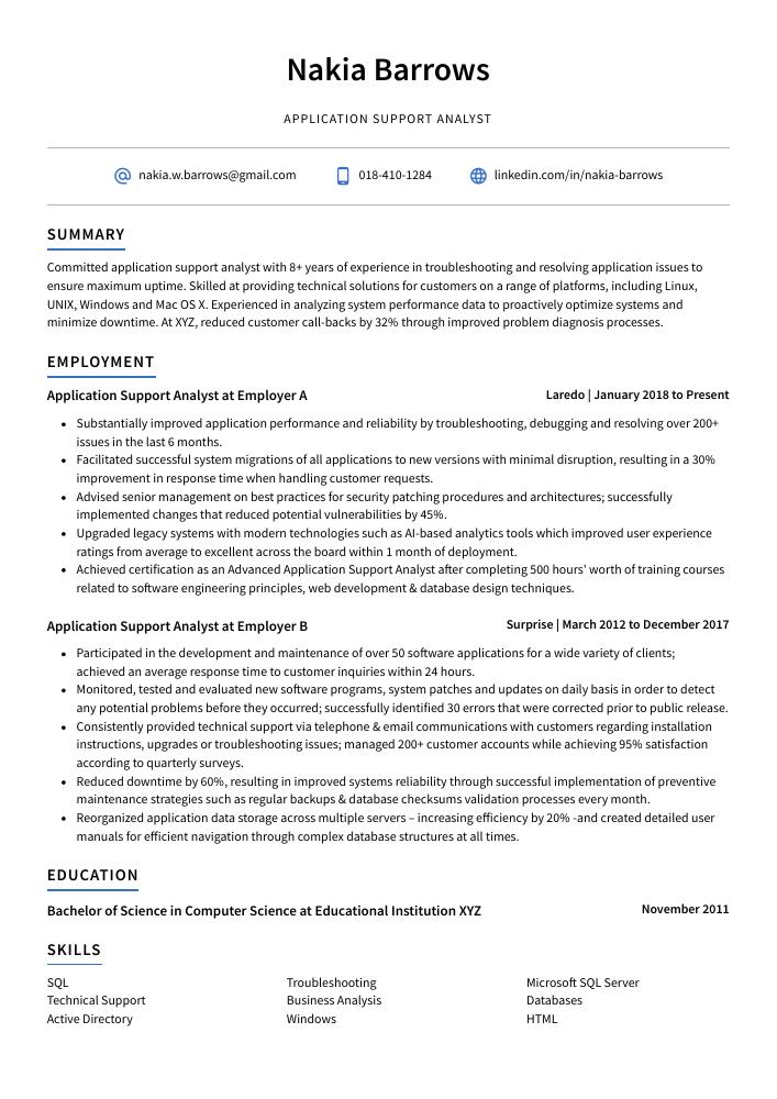 resume for application support analyst