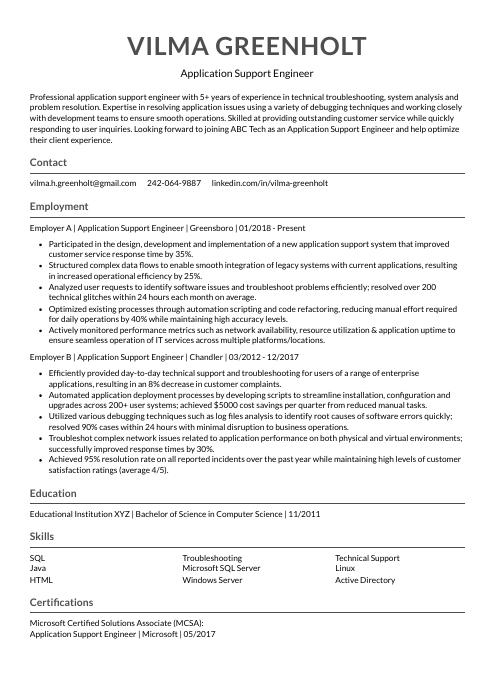 application support engineer resume template