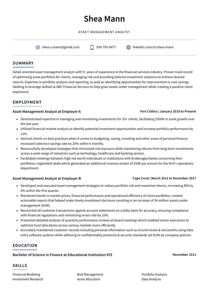 Asset Management Analyst Resume