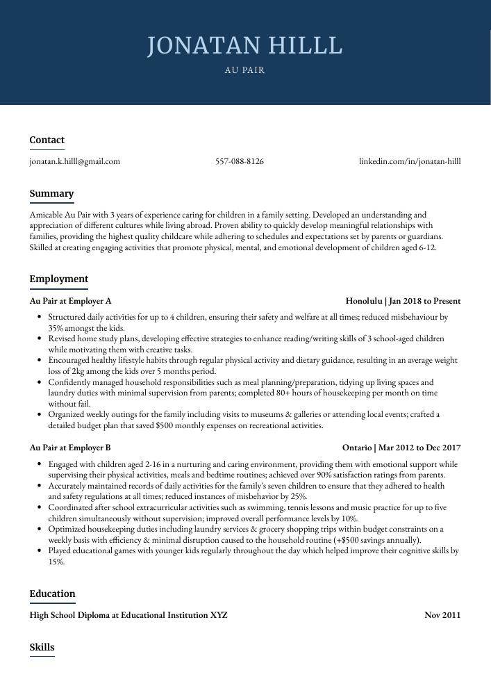 sample resume for au pair