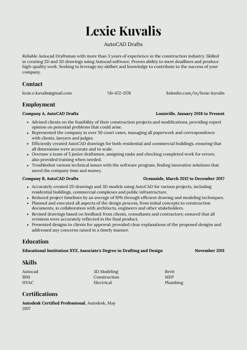 AutoCAD Draftsman Resume CV Example And Writing Guide