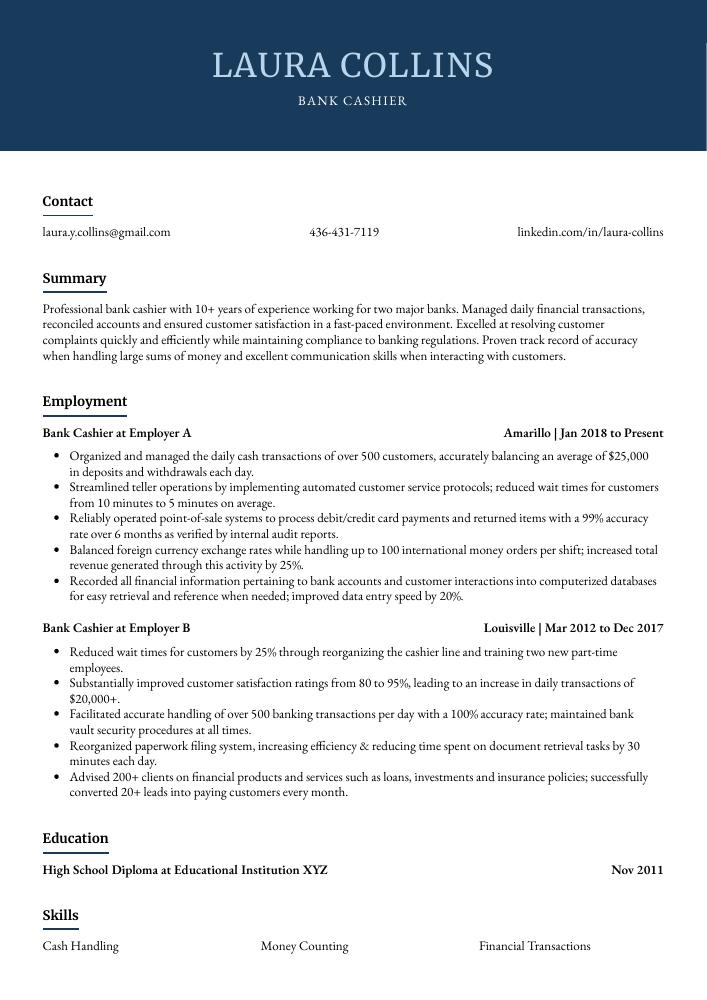 Bank Cashier Resume