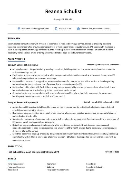 Banquet Server Resume Cv Example And Writing Guide