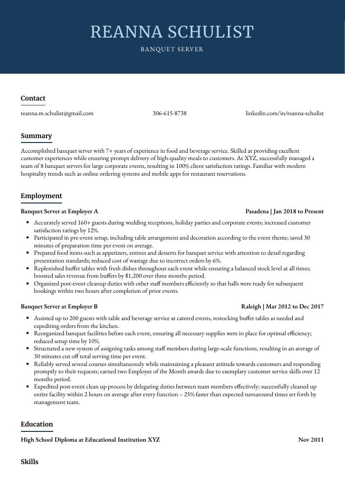 Banquet Server Resume Cv Example And Writing Guide