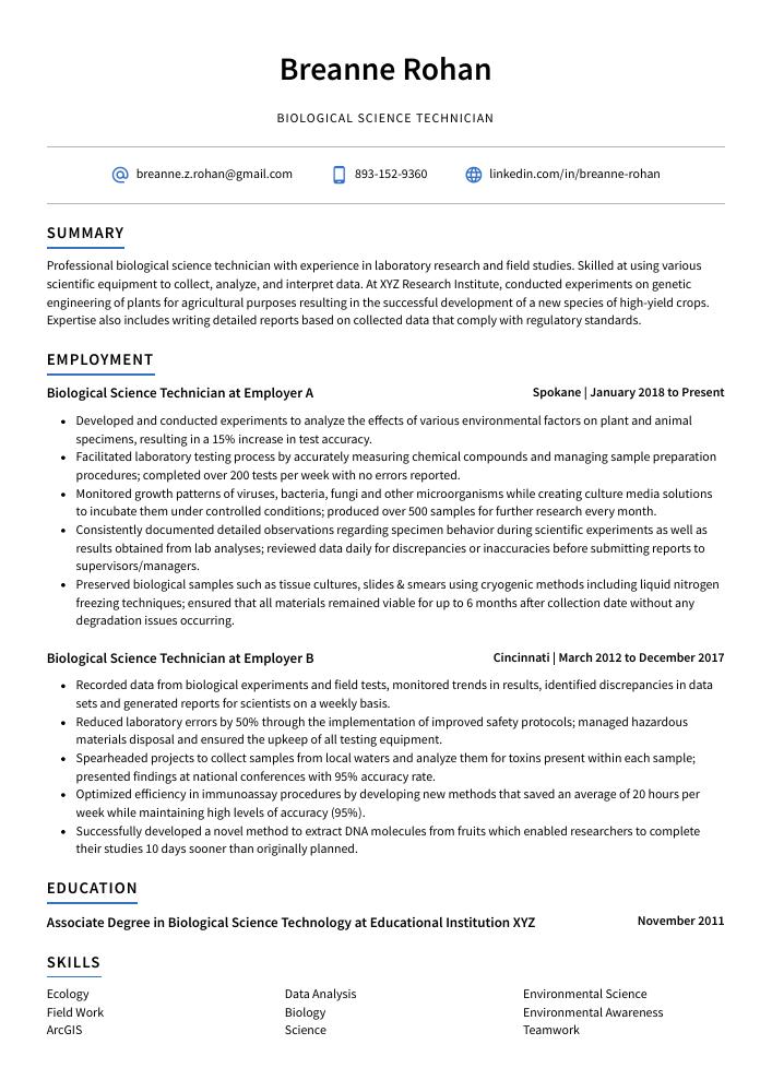 Biological Science Technician Resume