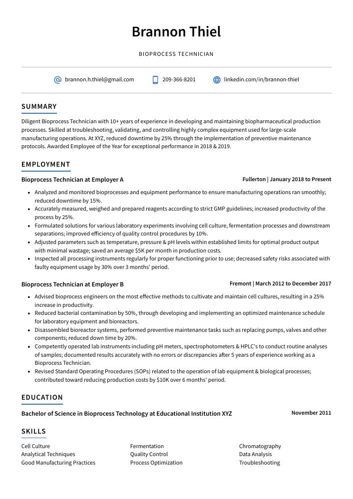 Bioprocess Technician Resume