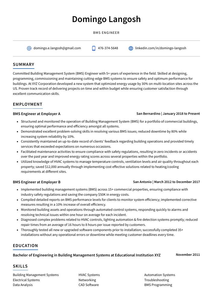 BMS Engineer Resume