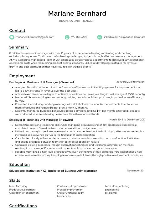Business Unit Manager Resume (CV) Example and Writing Guide