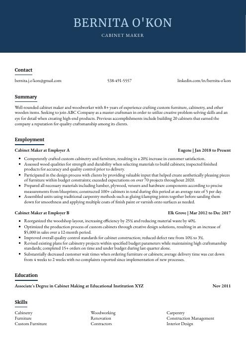 Cabinet Maker Resume (CV) Example and Writing Guide