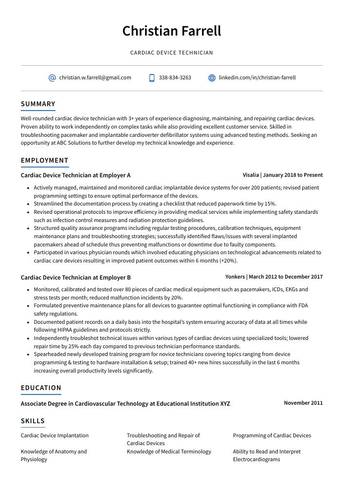 Cardiac Device Technician Resume