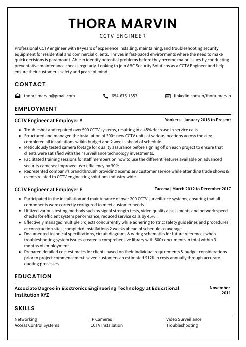 cctv service engineer resume format