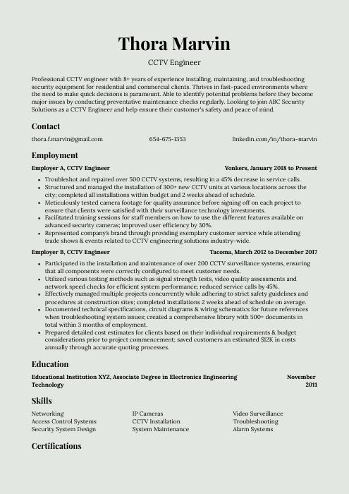 cctv service engineer resume format