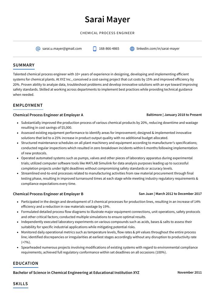 Chemical Process Engineer Resume CV Example And Writing Guide