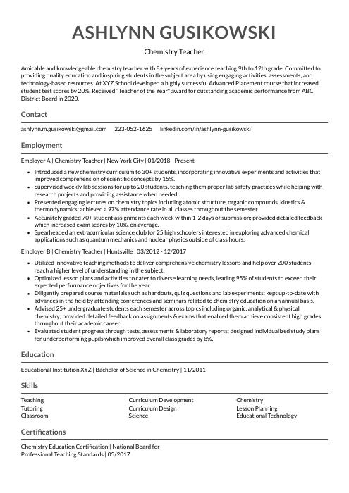 Chemistry Teacher Resume CV Example And Writing Guide Chemistry Teacher Resume CV Example And Writing Guide