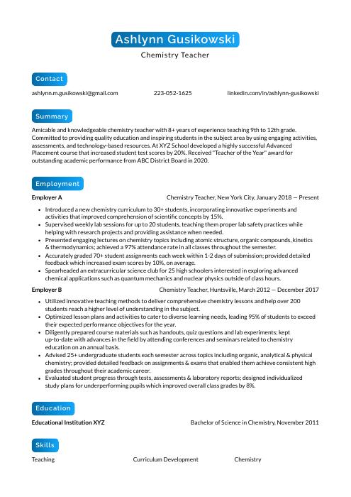 Chemistry Teacher Cv Sample Chemistry Teacher Cv Sample
