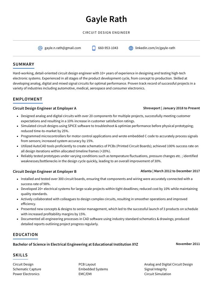Circuit Design Engineer Resume CV Example And Writing Guide