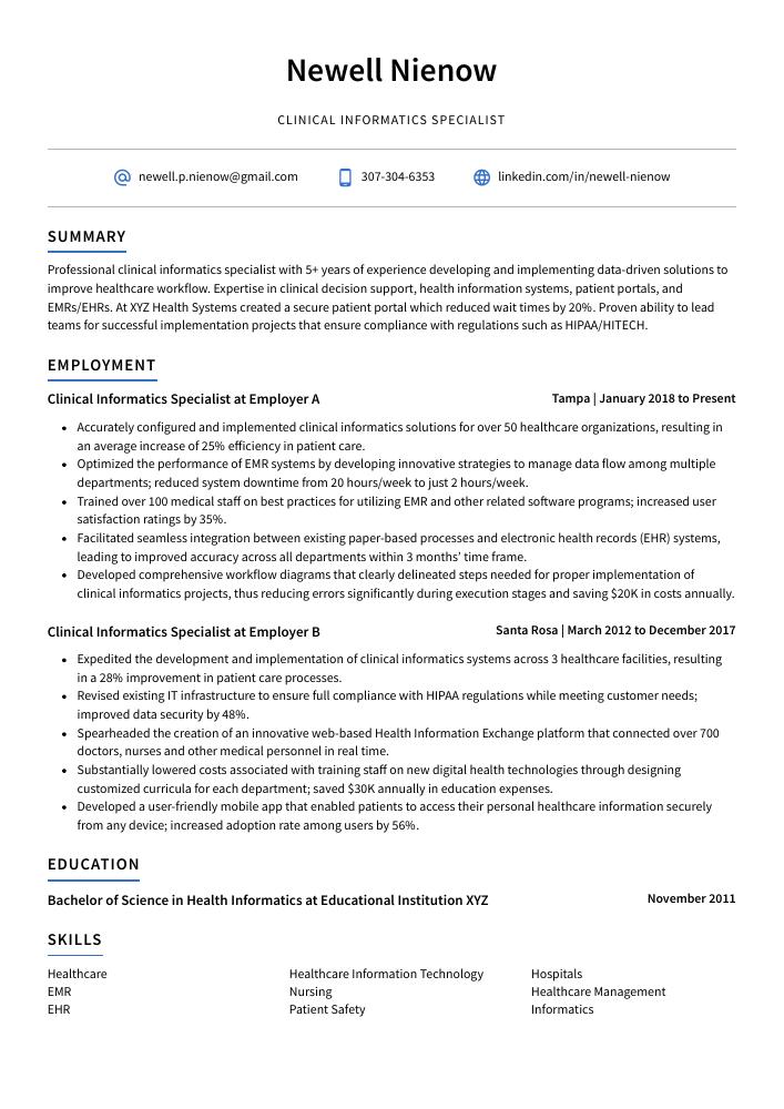 Clinical Informatics Specialist Resume