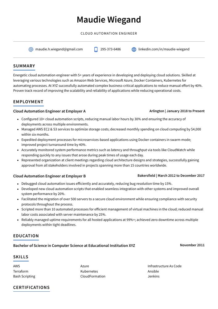 Cloud Automation Engineer Resume