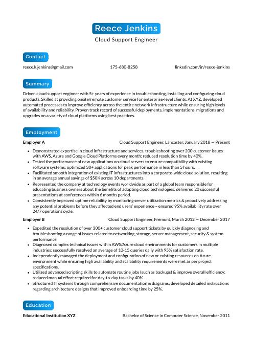 cloud support engineer resume