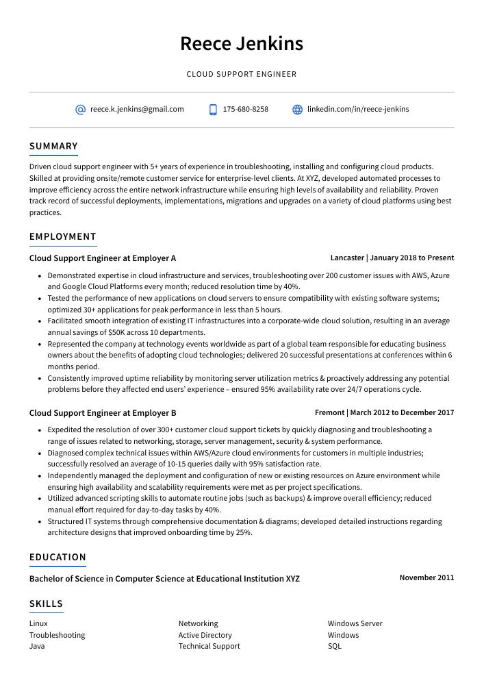 support engineer resume summary