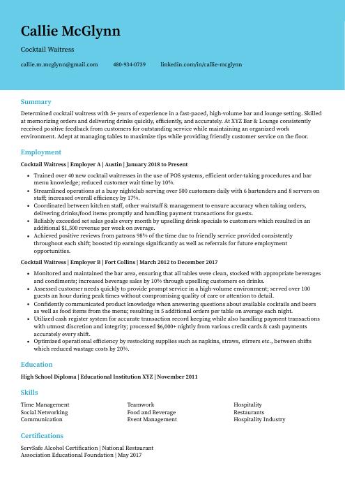 resume format for cocktail waitress