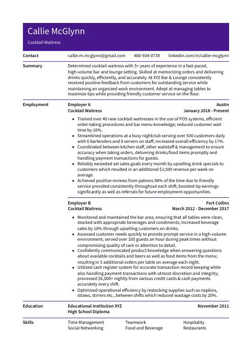 Cocktail Waitress Resume Cv Example And Writing Guide