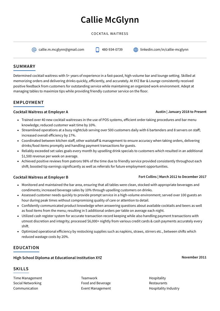 Cocktail Waitress Resume Cv Example And Writing Guide