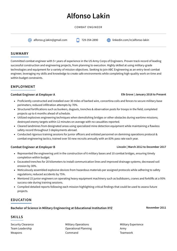 Combat Engineer Resume