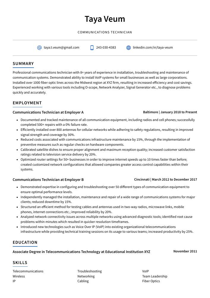 Communications Technician Resume (CV) Example and Writing Guide