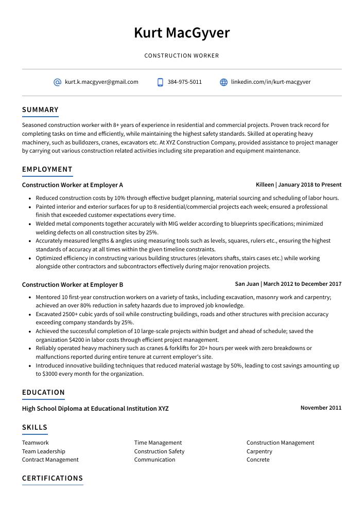 Construction Worker Resume