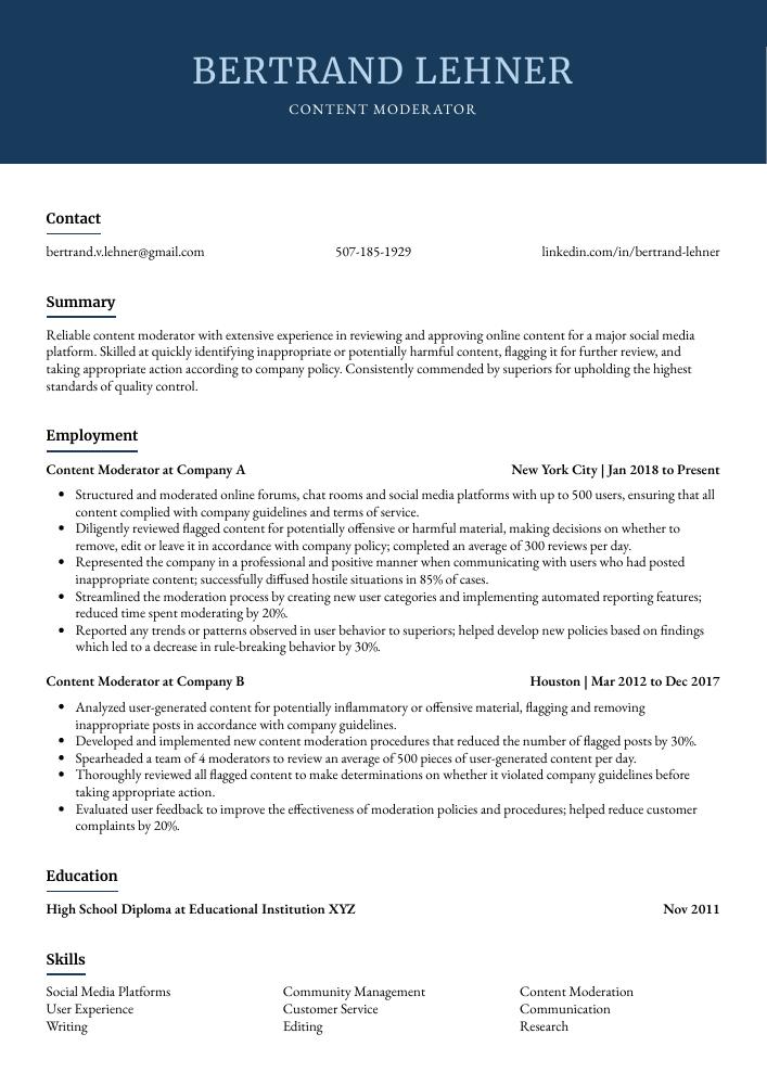 Content Moderator Resume