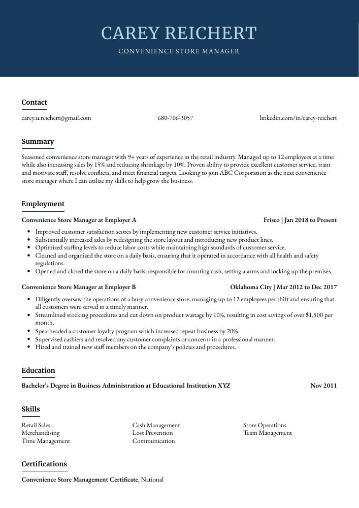 Convenience Store Manager Resume CV Example And Writing Guide