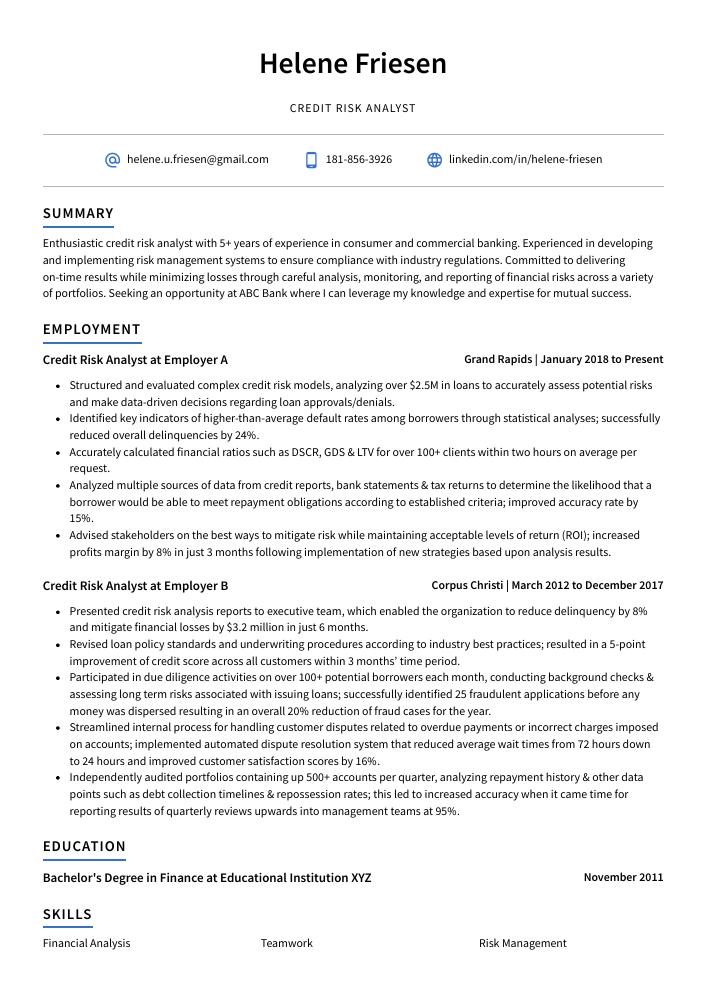 Credit Risk Analyst Resume CV Example And Writing Guide