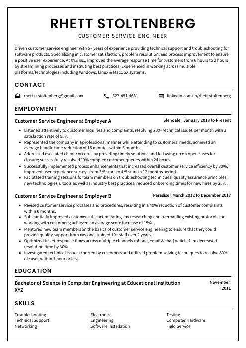 customer service engineer resume