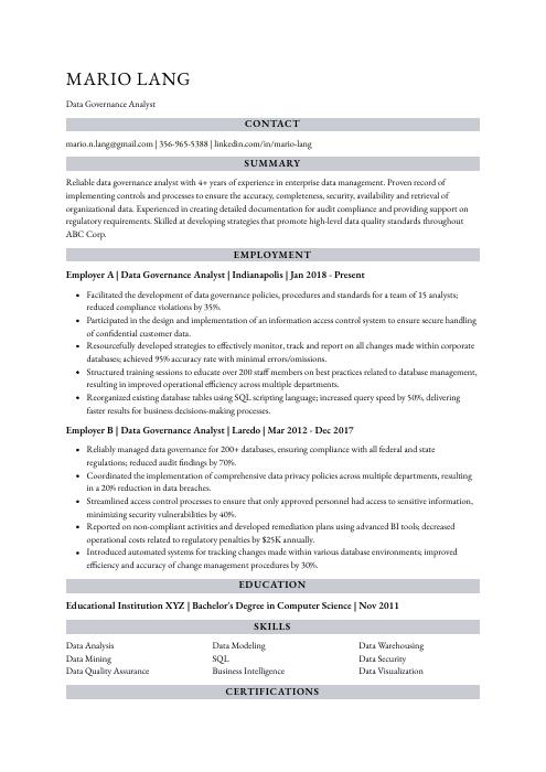 data governance project manager resume