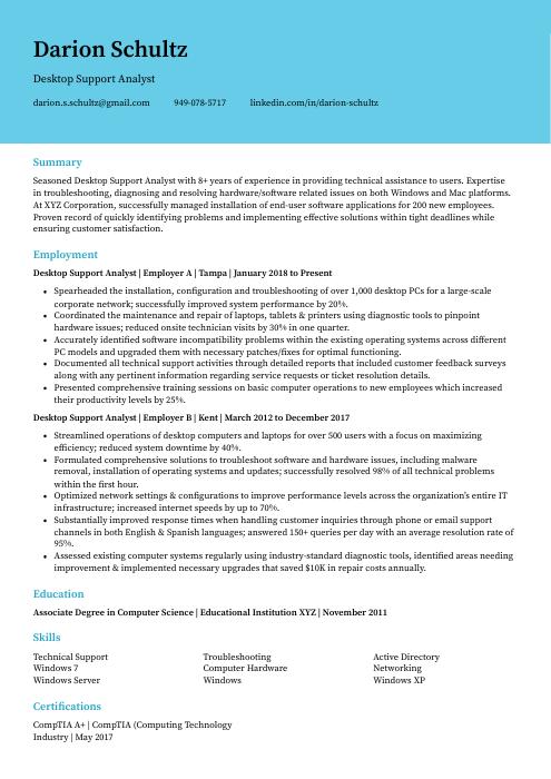 desktop support analyst resume