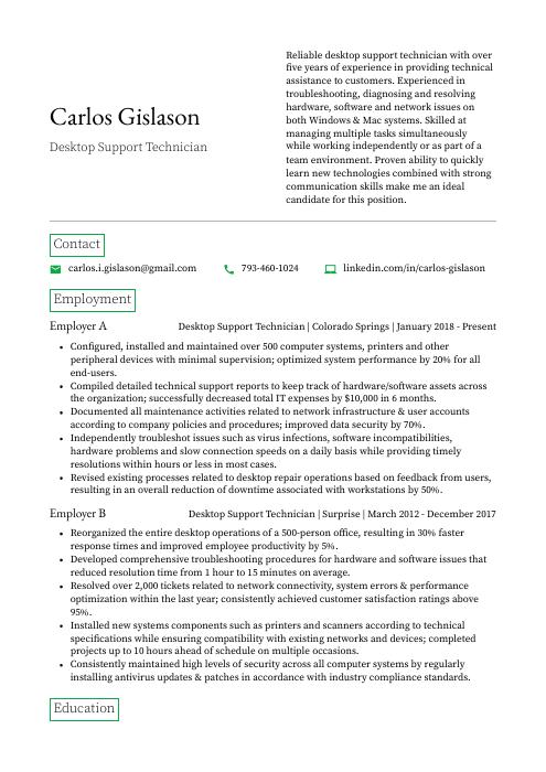 resume for desktop support technician