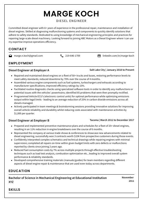 Diesel Engineer Resume CV Example And Writing Guide
