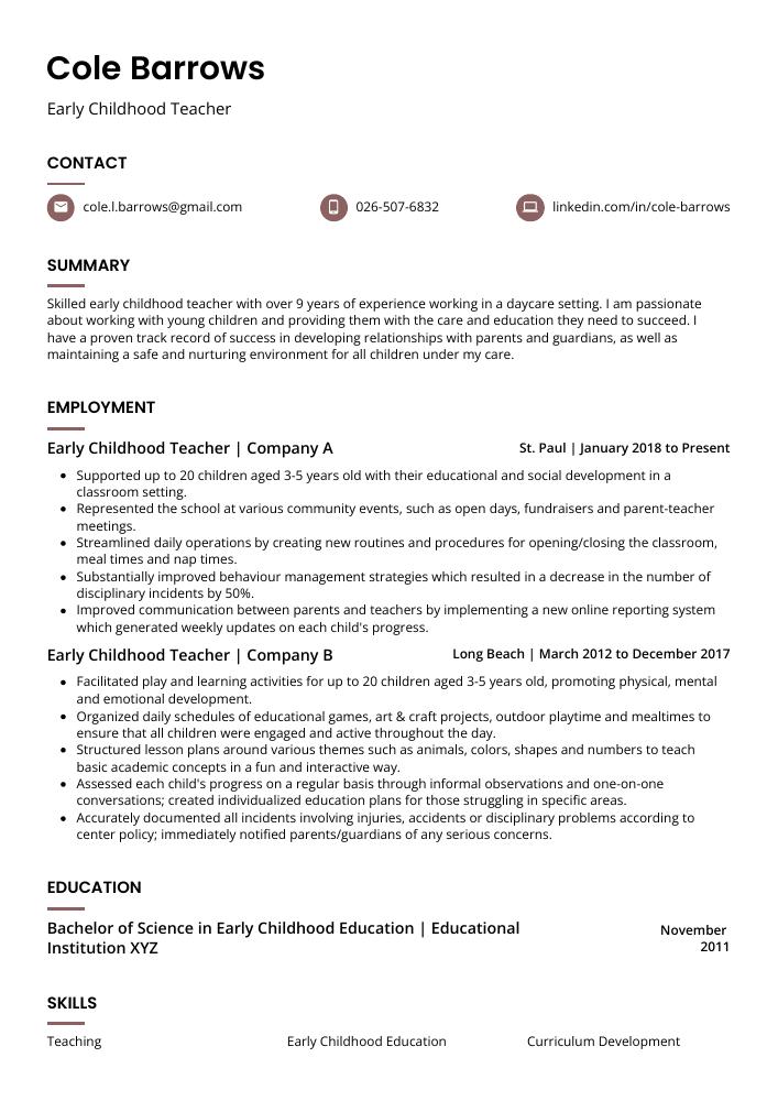 Early Childhood Teacher Resume